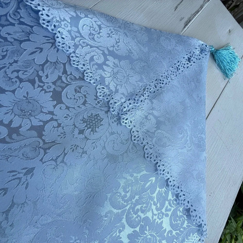 Light Blue Damask Table Runner Tassel Lace Trim Floral Brocade 34x15 0906